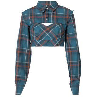 Set: Long-sleeve Cropped Plaid Shirt + Spaghetti Strap Top