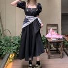 Puff-sleeve Square-neck Midi A-line Dress Black - One Size