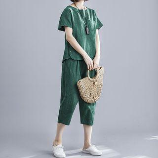 Set: Short-sleeve Pocket Top + Cropped Straight Fit Pants
