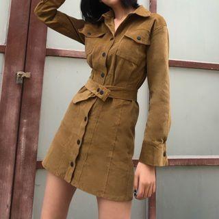 Long Sleeve Corduroy Tie-waist Shirtdress