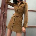 Long Sleeve Corduroy Tie-waist Shirtdress