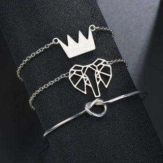 Set Of 3: Elephant Bracelet + Crown Bracelet + Knot Bangle As Shown In Figure - One Size