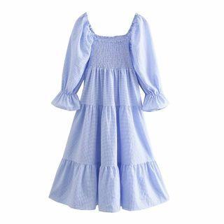 Long-sleeve Shirred Tiered Midi A-line Dress