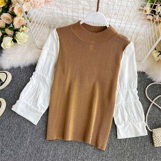 Round-neck Knit Panel Long-sleeve Shirt