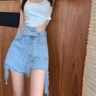 High-waist Asymmetric Distressed Denim Mini A-line Skort