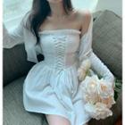 Strapless Lace-up Mini A-line Dress / Cardigan