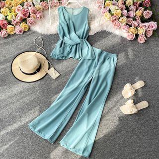 Set: Plain Tie-front Sleeveless Top + High-waist Wide Leg Pants