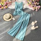 Set: Plain Tie-front Sleeveless Top + High-waist Wide Leg Pants