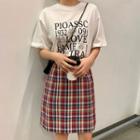 Short-sleeve Letter T-shirt / Plaid A-line Skirt