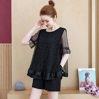 Set: Bow Back Rhinestone Short-sleeve Blouse + Shorts
