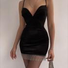 Velvet V-neck Tassels Bodycon Dress