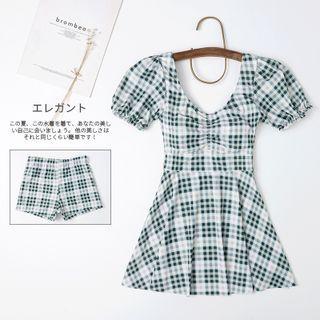 Set: Short-sleeve Plaid Swim Dress + Shorts