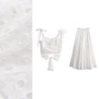 Set: Tie-waist Lace Crop Tank Top + Midi A-line Skirt