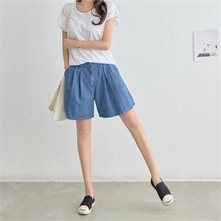 Band-waist Pintuck A-line Denim Shorts