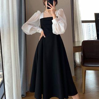 Long-sleeve Organza Panel A-line Dress