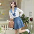 Set: Bow Accent Blouse + Mini Pleated Skirt