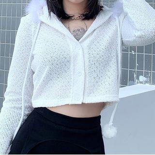 Furry Trim Hooded Cropped Cardigan