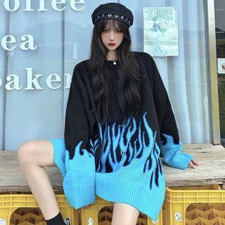 Fire Pattern Raglan Sleeve Round Neck Sweater As Shown In Figure - One Size
