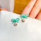 Faux Pearl Ribbon Sterling Silver Stud Earring 1 Pair - S925 Silver - Aqua Green Bow & Faux Pearl - White - One Size