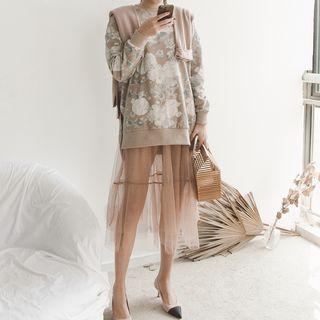 Set: Floral Print Sweatshirt + Spaghetti Strap Midi Sheer Dress