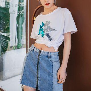 Sequined Short-sleeve T-shirt White - One Size