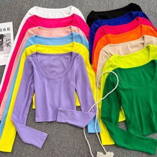 Long Sleeve U-neck Plain T-shirt