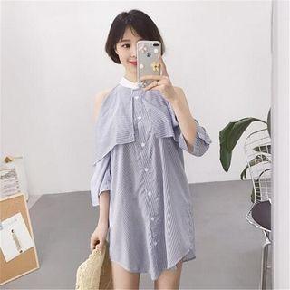 Cut Out Shoulder Striped 3/4 Sleeve Shirt Dress