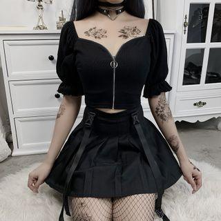 Puff-sleeve Zip Cropped T-shirt