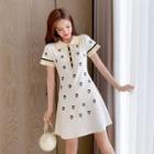 Short-sleeve Floral Knit A-line Dress