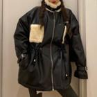 Faux Leather Drawstring-waist Zip Jacket
