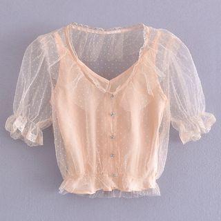 Set: Puff-sleeve Mesh Cropped Blouse + Camisole Top