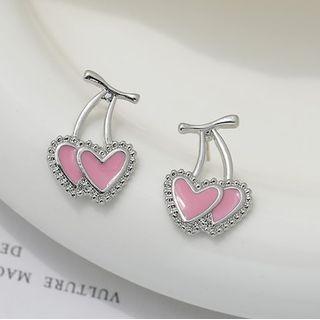 Cherry Heart Alloy Earring Stud Earring - 1 Pair - S925 Silver Stud - Silver & Pink - One Size