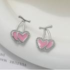 Cherry Heart Alloy Earring Stud Earring - 1 Pair - S925 Silver Stud - Silver & Pink - One Size