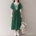 Short-sleeve V-neck Embroidered A-line Midi Dress