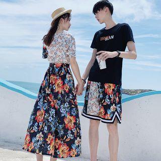 Couple Matching Set: Short-sleeve Floral Print Wide Leg Jumpsuit + Shorts + Lettering Short-sleeve T-shirt