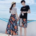 Couple Matching Set: Short-sleeve Floral Print Wide Leg Jumpsuit + Shorts + Lettering Short-sleeve T-shirt
