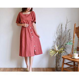 Square-neck Elbow-sleeve A-line Midi Dress