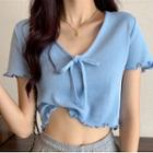Short-sleeve Bow Cropped Knit Top