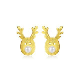 Sterling Silver Plated Gold Simple Cute Deer Fashion Pearl Stud Earrings Golden - One Size