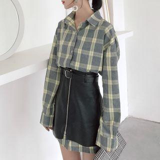 Plaid Long-sleeve Blouse / Faux Leather Mini Skirt