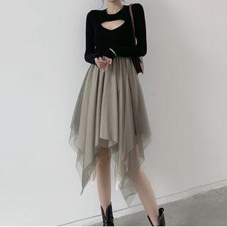 Mock Two-piece Long-sleeve Mesh Panel Dress Black - One Size