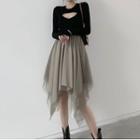 Mock Two-piece Long-sleeve Mesh Panel Dress Black - One Size