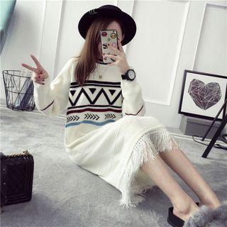 Fringed Patterned Sweater Dress