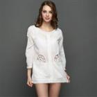 3/4-sleeve Crochet Panel Tunic White - One Size