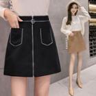 Faux Suede Zip-front Mini A-line Skirt