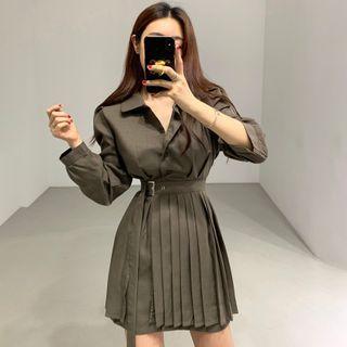 Long-sleeve Mini A-line Pleated Shirt Dress