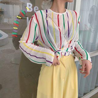 Rainbow Striped Loose-fit Long-sleeve Top As Shown In Figure - One Size