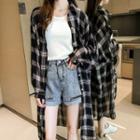 Long-sleeve Plaid Long Shirt Black - One Size