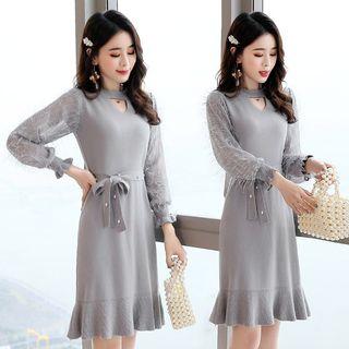Fringe-sleeve Knit Dress With Sash