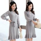 Fringe-sleeve Knit Dress With Sash